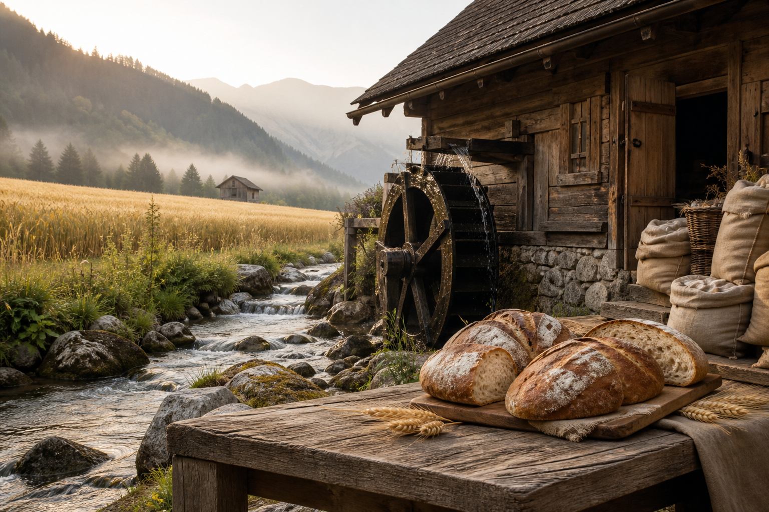 Holzmühle am Gebirgsbach mit frischem Brot auf Eichentisch