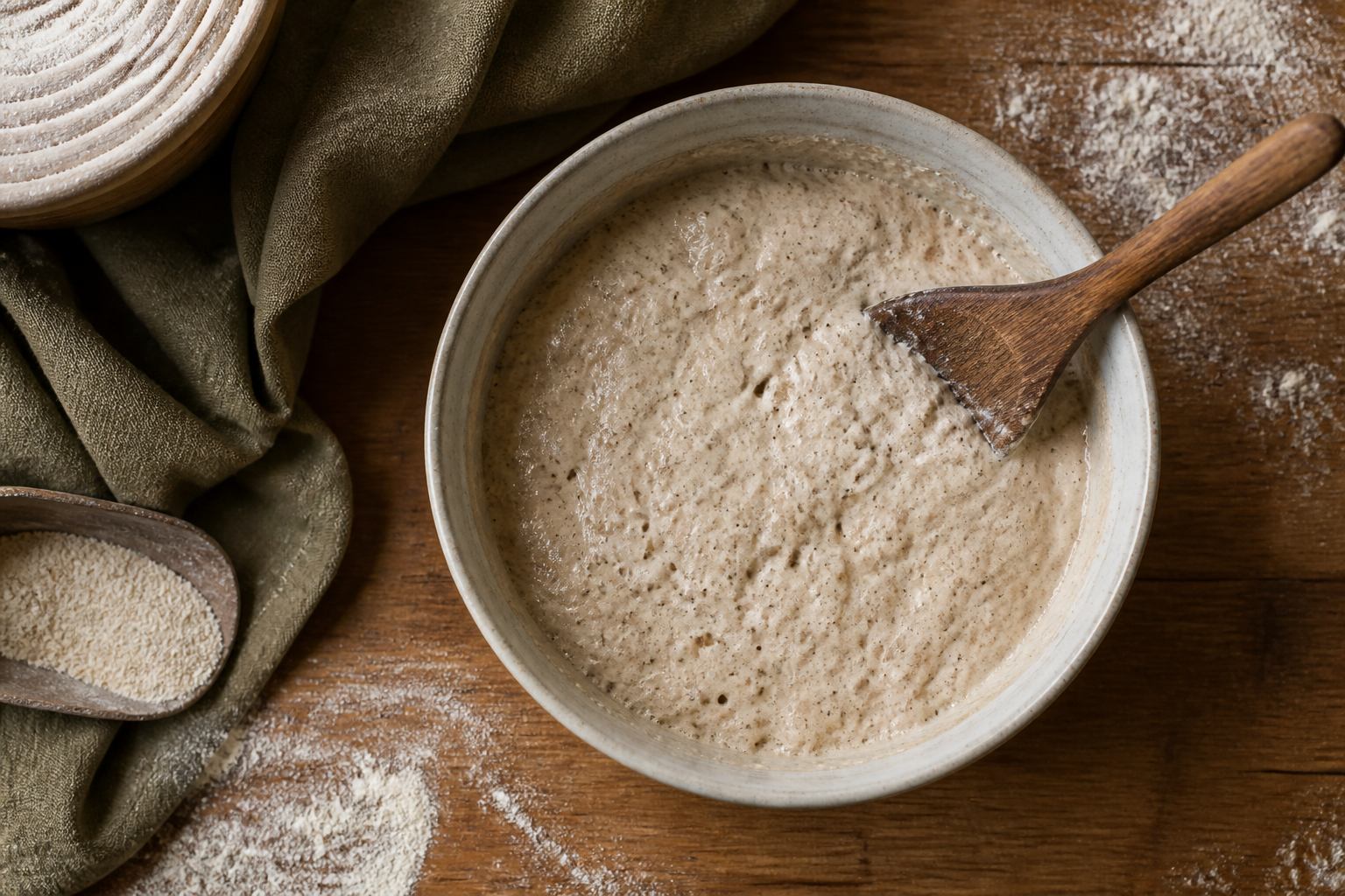 Aktives Roggensauerteig-Anstellgut in Keramikschale